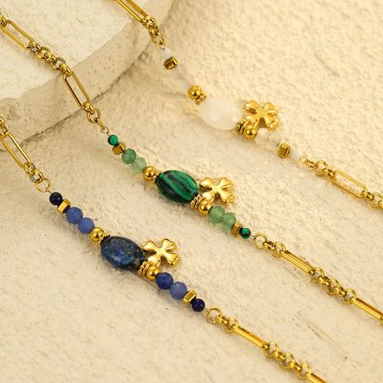 Stainless Steel Natural Stone Lapis Four-Leaf Clover Embellished Bracelet Women Titanium Steel Jewelry