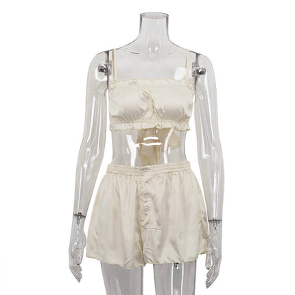 Women Clothing Arrival Sexy Two Piece Sexy Sweet Cool Imitation Silk Ruffle Sleeveless Pajamas
