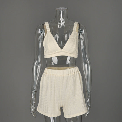 Spaghetti Strap Knitted Pajamas Set Two Piece Casual Sleepwear