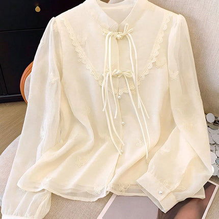 Women Spring Summer Chinese Wild Stitching Lace Long Sleeve Shirt