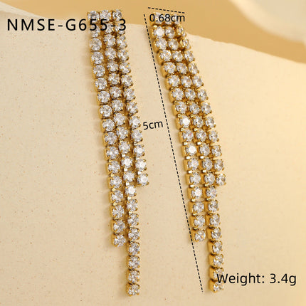 Niche High Grade Stainless Steel Earrings Zircon Tassel Temperamental Personality 18K Gold Titanium Steel Earrings