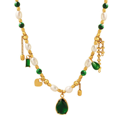 Court Non Fading Design Elegant Graceful Personality Freshwater Pearl Zircon Jade Turquoise Embellished Necklace