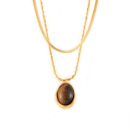 Maillard Simple Grace Personality M Bead Chain Ornament Irregular Asymmetric round Brand Tigereye Embellished Titanium Steel Necklace