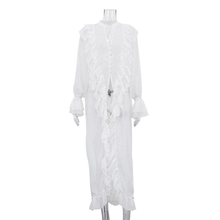 Women Clothing Design Ruffled Chiffon Dress Sexy Sheer Long Sleeve Single Breasted Sexy Dress