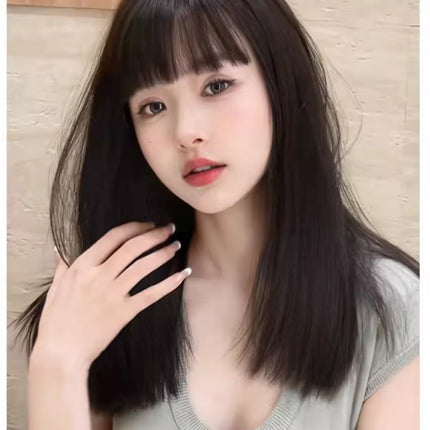 Elegant Mid-Length Straight Hair Wig for Women | Realistic Natural Full-Head Wig with Cartoon Straight Bangs (Age-Reducing, Daily Wear, Full Top)