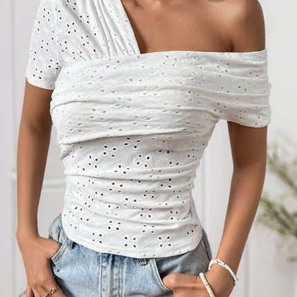 Collar Short-Sleeved Women T shirt Hollow Out Cutout Sexy Shoulder Slim High Waist Polka Dot Women Top