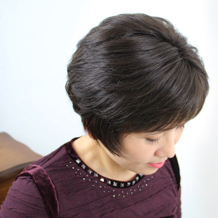 Women's Short Straight Real Human Hair Wig | Sheath Middle-Aged & Elderly Mother Style Full Head Wig with Oblique Bangs (Natural Look, Volume & Gray Coverage)