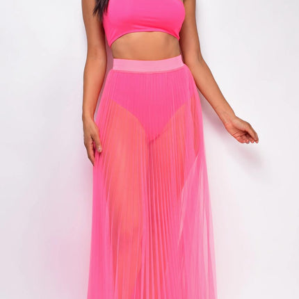 Sexy Mesh Pleating Long Skirt Wrapped Chest Pad Removable Swimsuit Fabric Three Piece Sets