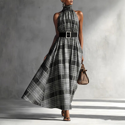Halter Sleeveless Plaid High Waist Lace up Waist Draping Effect Large Hem A line Dress French Dress