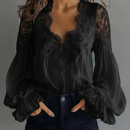 Women Lace Stitching Puff Sleeve Pleated Shirt