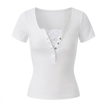 Summer Lace Stitching Sexy Solid Color Summer Short Sleeved T shirt Bottoming Shirt Women
