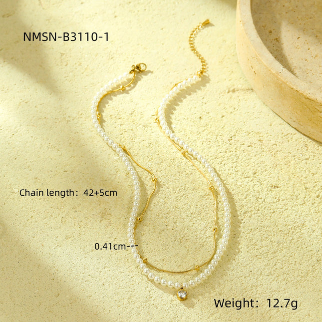 All Match Pearl Double Chain Inlaid Zircon Titanium Steel Necklace 18K Stainless Steel Clavicle Chain Accessories