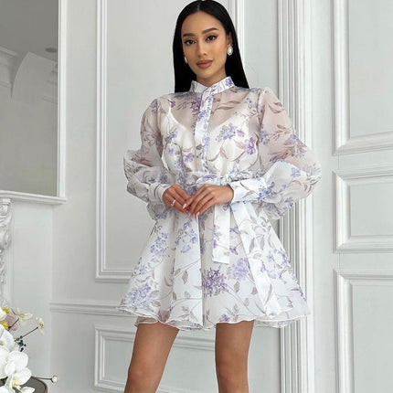 Women Elegant Stand Collar Long Sleeve Lace Printing A line Cami Dress
