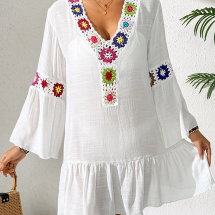 Ladies National Holiday Beach Dress Women Ruffled Stitching Random Mixed Color Crochet V neck Dress