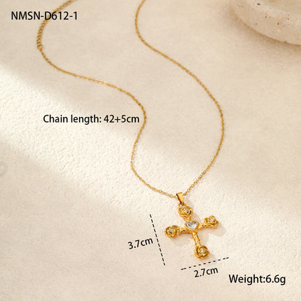 Elegance Retro Advanced Necklace Stainless Steel 18K Gold Color Diamond Rose Cross Embellished