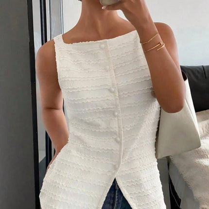 Elegant Single Breasted round Neck Sleeveless Slim Vest Solid Color Women Top