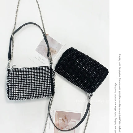New Arrival Trendy Rhinestone Small Square Bag | Full Diamond Underarm Bag & Women's Chain Shoulder Crossbody Small Handbag (Japanese & Korean Style)