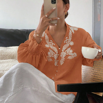 V neck Solid Color Machine Embroidery Pearl Single Breasted Lantern Long Sleeve Top