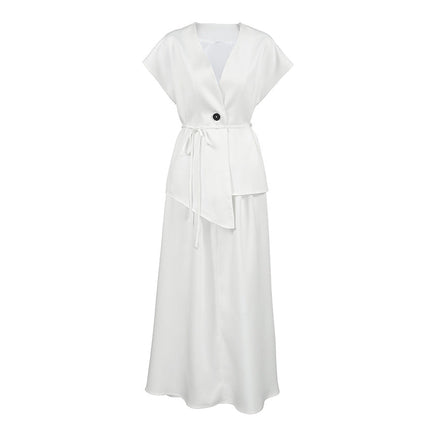 White Short Sleeved Lace up Women Design Waistcoat Mid Length White Shirt A line Skirt Two Piece Set