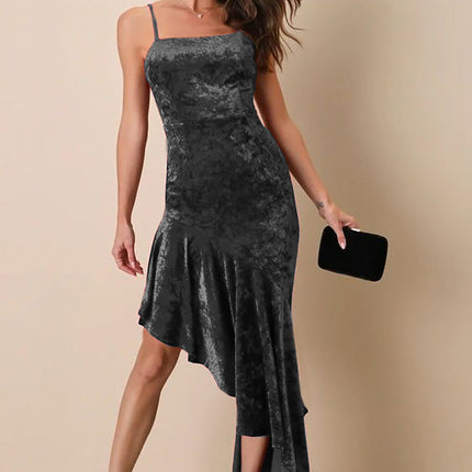 Pleuche Spaghetti Strap Dress Sexy Patchwork Ruffled Sheath Fishtail Dress