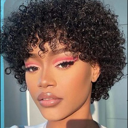 No Lace Pixie Cut Curly Human Hair Wigs with Bangs for Women | Easy Wear, Breathable, Natural Short Curly Hair