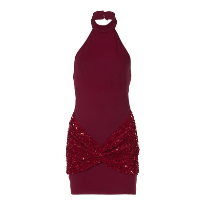 Women's Sequin Stitching Halter Backless Slim Fit Sheath Dress