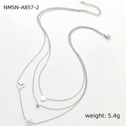 Fashionable Simple 18K Gold Stainless Steel Lovely Pearl Zircon Clavicle Three Chain Twin Necklace for Women