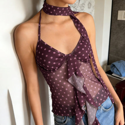 Retro Dots Wooden Ear Swing Halter Lace up Camisole Mesh Stitching Scarf Sleeveless Top