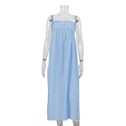 Sexy Backless Sleeveless Suspender Dress Fold Split Blue off Neck Tube Top Dress Women