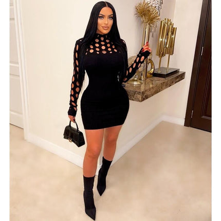 Women Clothing Sexy Knitted Dress Hollow Out Cutout Long Sleeve Tight Woolen Dress