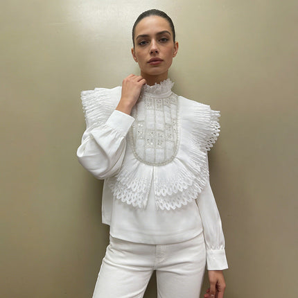 Sweet Design Blouse Women Winter Pleated Hollow Out Cutout out Sequin High Grade Long Sleeved Shirt
