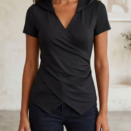Women Clothing Summer V neck Solid Color Slim Slimming Irregular Asymmetric Short Sleeve T shirt Top