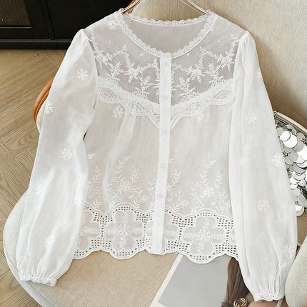 Summer Ladies Elegant Hollow Out Cutout out Embroidered Lace Lace Shirt