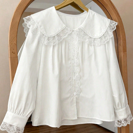 Spring Summer Women Loose Design Doll Collar Long Sleeve Shirt