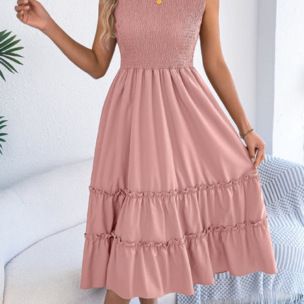 Spring Summer Casual Sleeveless Smocking Waist Tight Wooden Ear Large Swing Dress Independent Stand Women Clothing