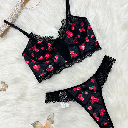 Rose Printed Lace Underwear Set Push up Lingerie