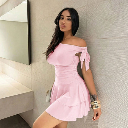 Summer Elegant Oblique Shoulder Ruffles Pink Dress Unique Niche Slim Fit