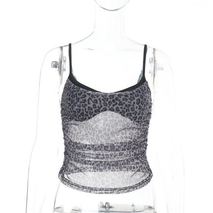 Summer Sexy Mesh Leopard Print Faux Two Pieces Spaghetti Strap Camisole Top