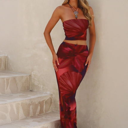 Women Clothing Summer Vacation Tube Top Half Length Skirt Set