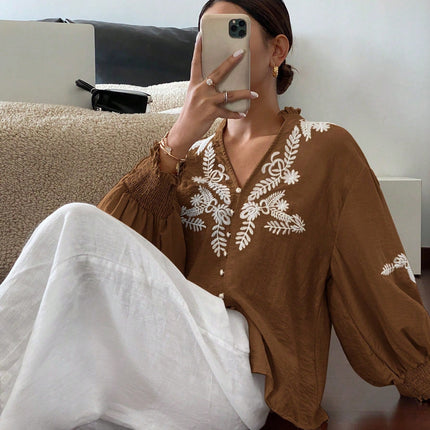 V neck Solid Color Machine Embroidery Pearl Single Breasted Lantern Long Sleeve Top