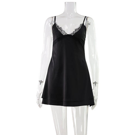 Sexy Women Clothing V neck Lace Strap Dress Satin Texture Home Pajamas Pure Short Dress