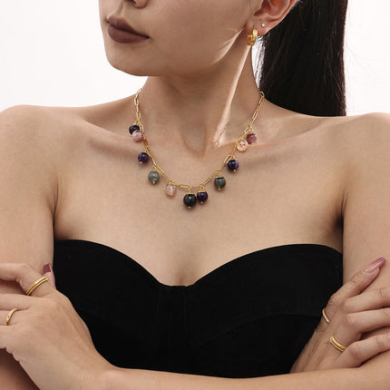 Mioli Handmade Chain Colorful Natural Stone Bohemian Necklace Women Stainless Steel All Match Internet Celebrity Embellished Jewelry