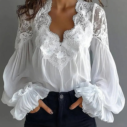 Women Lace Stitching Puff Sleeve Pleated Shirt