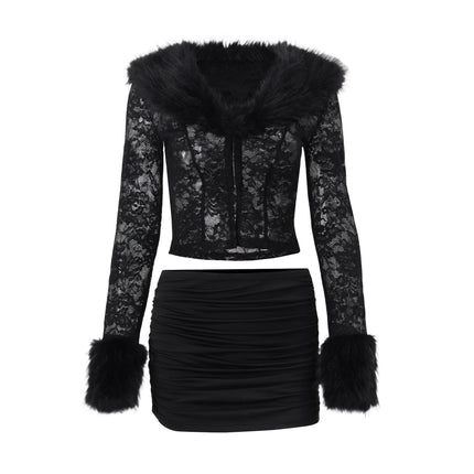 Women Clothing Autumn Winter Street Lace Plush Long Sleeved Top Sexy Skirt Set