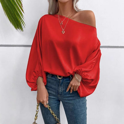 Women Clothing Winter off the Shoulder Satin Shirt Loose Asymmetry Top