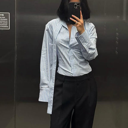 Women Clothing Striped Collared Shirt Women Waist Controlled Long Sleeves Lace up Cardigan Shirt Top