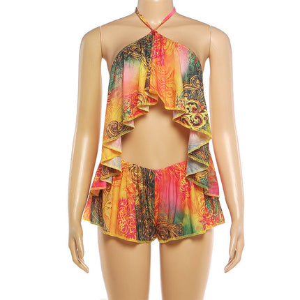 Spring Women Clothing Sexy Halter Backless Top Loose Super Short Shorts Two Piece Sets