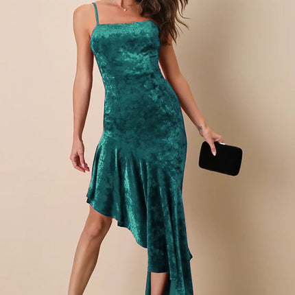Pleuche Spaghetti Strap Dress Sexy Patchwork Ruffled Sheath Fishtail Dress