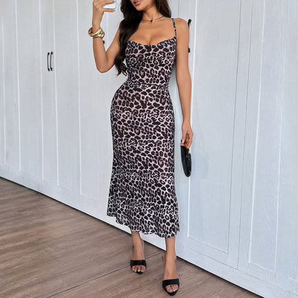 Women Summer Slim Fit Sheath Sexy Backless Spaghetti Straps Leopard Print Dress Mid Length Dress
