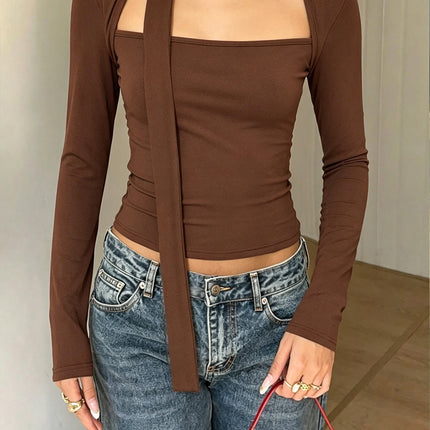 Sexy Square Collar Halter Tied Long Sleeves Top Slim Fit Slimming Sexy Outer Wear Bottoming Shirt Women